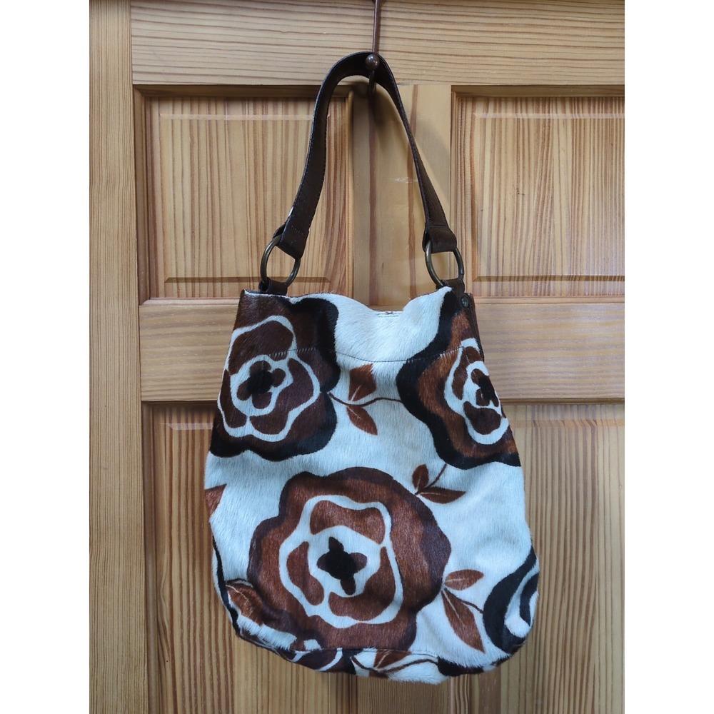 Maurizio Taiuti Italian Leather Handbag Cowhide FLORAL Tote Brown Cream Fuzzy